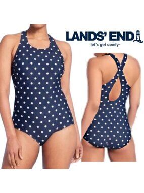 126.🆕MED (10-12) Lands' End High Neck Navy Polka Dot Pattern NWT